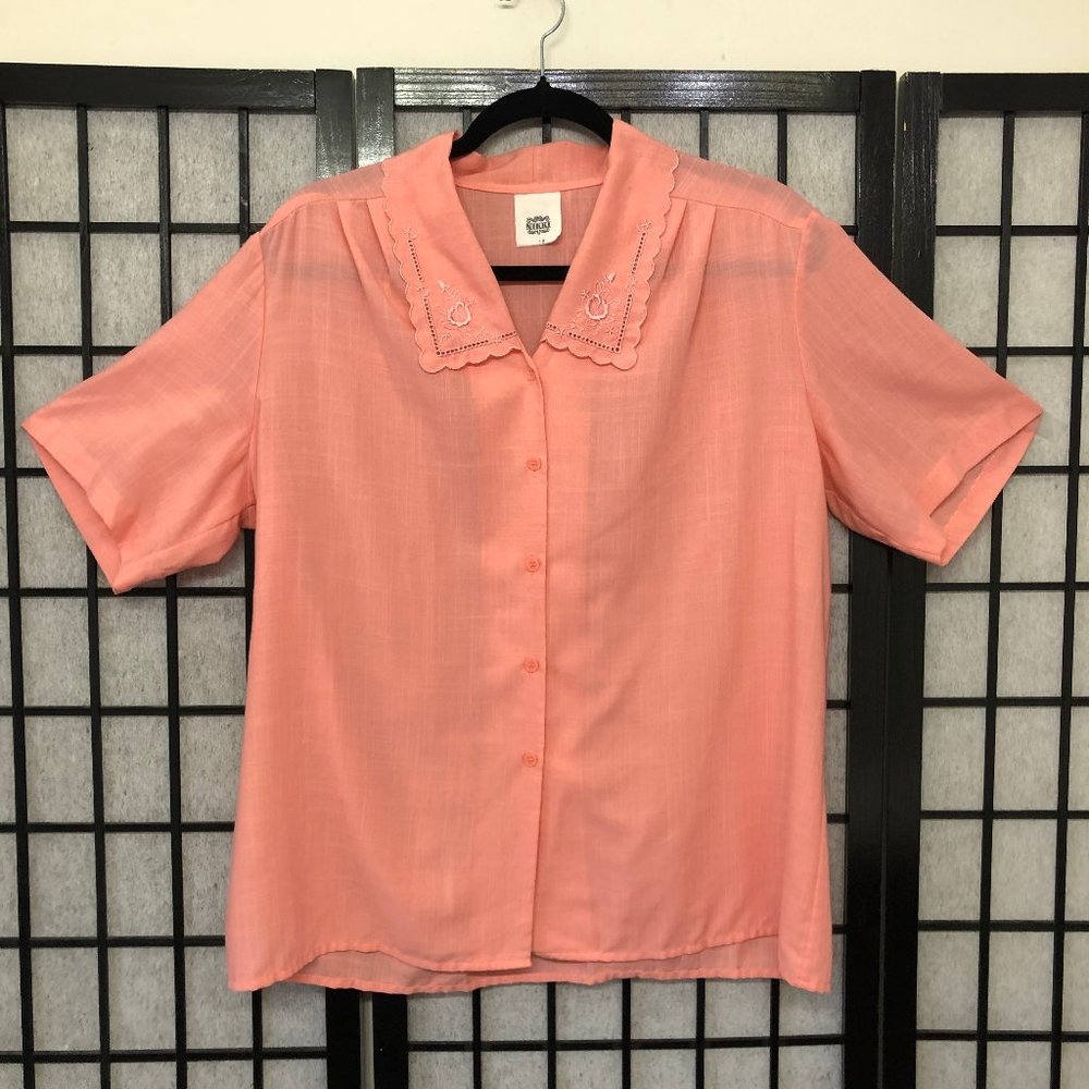 Nikki Vintage Blouse XL 18 Thin Embroidered Collar Short Sleeve Peach B3 Plus Sz